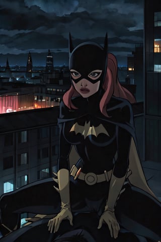 Batgirl, naked, facial portrait, sexy stare, anal portrait, Spreading legs, on top of building, city below, cloudy sky, lightning, full moon, bats flying, riding sex scene, 