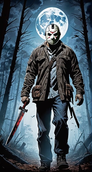 ultra Detailed Jason Voorhees,
(holding machete), walking through the forest, cloudy sky, lightning, bats, full moon, from behind, looking at the camera 