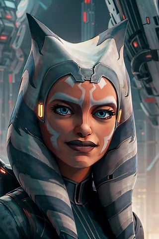 ahsokatano, facial portrait, sexy stare, smirked, futuristic city, cloudy sky, spaceships, 