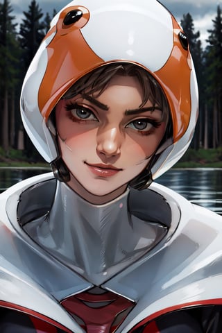 ANI_CLASSIC_jun_gatchaman_ownwaifu, facial portrait, sexy stare, smirked, on top of hill, forest below, lake, cloudy sky, lightning, 