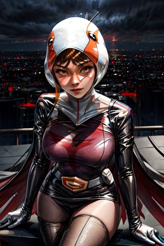 ANI_CLASSIC_jun_gatchaman_ownwaifu, facial portrait, sexy stare, sexy pose, on top of building, futuristic city, cloudy sky, Phoenix flying, lightning, 