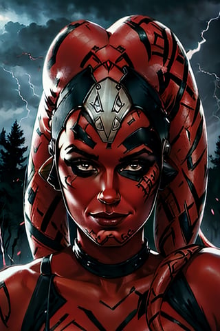 DarthTalon, facial portrait, sexy stare, smirked, dark forest, cloudy sky, lightning, ,Twilek