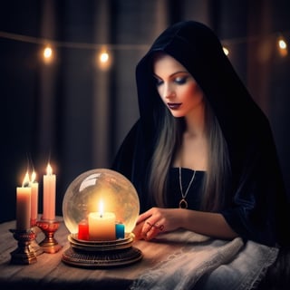 A mystical and captivating illustration of a fortune teller who is also a witch. She is sitting on the floor of her magic tent, surrounded by candles, books, and potions. She is wearing a dark cloak and a hat with a moon symbol. She is gazing into her crystal ball, which is glowing with a bright and colorful light that reflects her magical powers. The style is artistic and highly detailed, with rich textures and shadows.