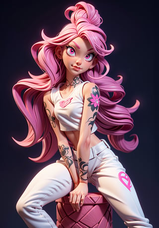 Pink Eyes, pink Eyes, pink pants, drawing, painting on paper, inks, ink pots, pink shelf((Masterpiece)), (Best Quality), Art, Highly Detailed, Extremely Detailed CG Unity 8k Wallpaper, (Curves: 0.8), (Full Body: 0.6), 3DMM, (Masterpiece, Best Quality) pink hair, long curly hair, tanned skin, tanned skin, pink eyes, sitting, white sleeveless shirt, no bra, small chest, tattoos, tattoo on the arm, sitting, drawing, jeans, black pants, cartoonist, tattoo studio , white walls, neon pink lights, neon lights, pink lights, wooden pink gradient shelf, flower pots, plants, decorative plants, window, window, city view, tattoo chair, tattoo artist, tattoo girl, 12334, Q , perfect eyes,12334,3DMM,facial,anime