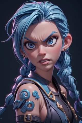 Digital portrait art of a Jinx, from the film Arcane, blue hair, League Of Legends, Arcane:League of Legends TV Series 2021 , angry, high angle view,JinxLol,3d