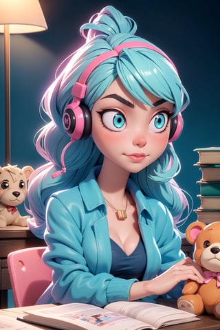 1girl, (masterpice), best quality, high quality, noon, night, high detailed, perfect body,perfect_face, high_detailed_face, realism face, good body, big_ass, small_breasts, aqua_glowing_eyes, glowing eyes and hair,  siting down next to her desk studing, wearing a blue headphone, lofi-girl, (Wearing headphone), lofi chill out,  inside her bedroom, Night pink gradient lighting, dog, books, lamp, pen, teddy bear on her desk, serious, lofi girl room decorations, hard light, night, facing the viewer, hair ornament, blue_glowing_hair, makeup ,long_hair, lipstick ,blush ,short_braided_hair, female, light-skinned_female ,light_skin ,skin_contrast, blue shirt, silver covered jacket,3DMM
