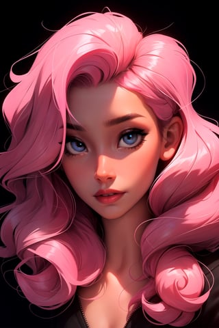 Digital art of a beautiful girl with glowing pink curly hair, black background, high quality, masterpiece, detailed eyes, glowing top, light , high angle view