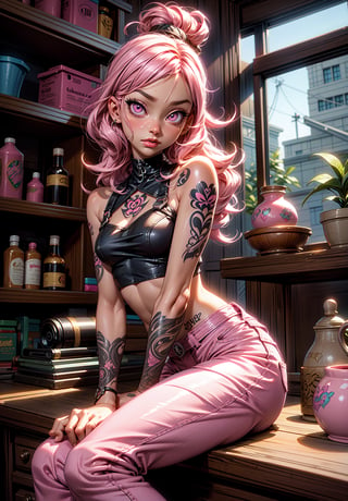 Pink Eyes, pink Eyes, pink pants, drawing, painting on paper, inks, ink pots, pink shelf((Masterpiece)), (Best Quality), Art, Highly Detailed, Extremely Detailed CG Unity 8k Wallpaper, (Curves: 0.8), (Full Body: 0.6), 3DMM, (Masterpiece, Best Quality) pink hair, long curly hair, tanned skin, tanned skin, pink eyes, sitting, white sleeveless shirt, no bra, small chest, tattoos, tattoo on the arm, sitting, drawing, jeans, black pants, cartoonist, tattoo studio , white walls, neon pink lights, neon lights, pink lights, wooden pink gradient shelf, flower pots, plants, decorative plants, window, window, city view, tattoo chair, tattoo artist, tattoo girl, 12334, Q , perfect eyes,12334,3DMM,facial,anime, cum