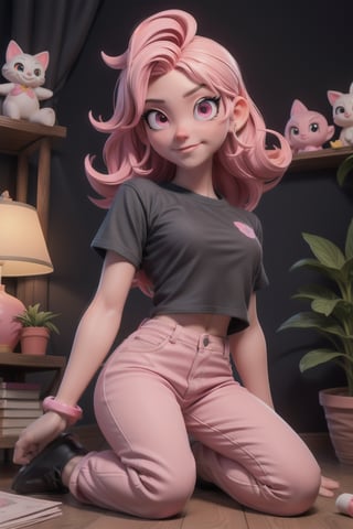 Pink Eyes, pink Eyes, pink pants, drawing, painting on paper, inks, ink pots, pink shelf((Masterpiece)), (Best Quality), Art, Highly Detailed, Extremely Detailed CG Unity 8k Wallpaper, (Curves: 0.8), (Full Body: 0.6), 3DMM, (Masterpiece, Best Quality) pink hair, long curly hair, tanned skin, tanned skin, pink eyes, sitting, black t-shirt, small chest, sitting, drawing, jeans, black pants, cartoonist, white walls, neon pink lights, neon lights, pink lights, wooden pink gradient shelf, flower pots, plants, decorative plants, window, window, city view, 12334, Q , perfect eyes,12334,3DMM,facial,anime, cum, pov,cartoon 