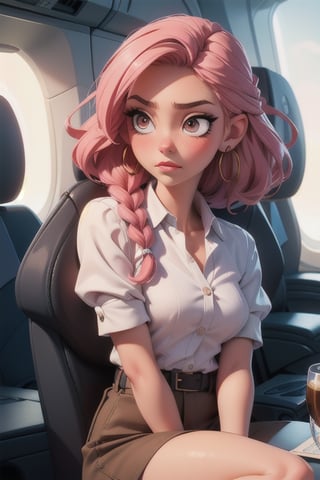 1girl, (masterpice), upper body image, best quality, high quality, high detailed, perfect body,perfect_face, high_detailed_face, siting on the aeroplane window glass, holding a coffee disposable cup, cup, holding cup, realism face, good body, small_breasts, unpleased, jealous, tired, stressed,  pink_eyes, breasts, hair ornament, pink_eyeshadow, red_braided_hair, makeup ,short curls hair, lipstick ,blush ,braided_hair, female, light-skinned_female ,light_skin ,sakimichan style ,skin_contrast, photorealistic:1.37, school, clothes for travel, looking at viewer, on an aeroplane , intricate detail, detailed background, detailed skin, pore, highres, hdr, traveling