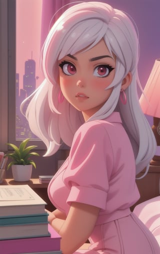 FRONTAL VIEW Image of an Upper body portrait of a beautiful girl with white hair, sitting close to a pink desk insider her bedroom, containing fancy light lamps, books, bookshelf, glass, decorative plant, flowers (innocent grey), ring light, night, city glass view, pink gradient bedroom, Centered Image, Middle Image, zen design, volumetric color , flaming colors, neon pink colors, synthwave,3DMM,cartoon ,anime,12334