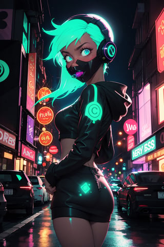 (frontal view, facing viewer:1.2), centered, masterpiece, face portrait, | 1girl, solo, Glowing aqua hair color, short hairstyle, glowing light blue eyes, | (neon wireless headphones headset:1.2), (black neon futuristic mouth mask:1.2), dark blue hoodie, | futuristic city lights, sunset, dark, night, buildings, urban scenery, neon lights | bokeh, depth of field, game cg, 3d, pixar style