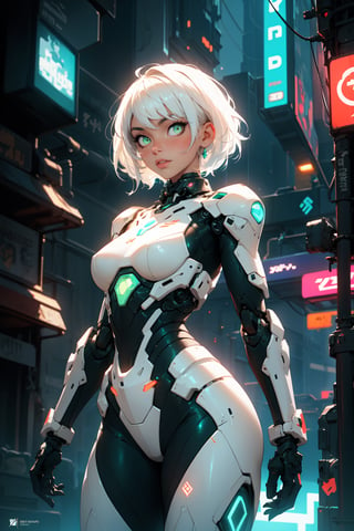 (highres, intricate details, best quality), 1girl, white hair, Green eyes, mecha arms, cybepunk, toned, (original clothing),looking at viewer, futuristic city,  neon lights, cinematic lighting, depth_of_field, cowboy_shot 