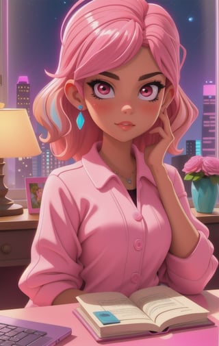 FRONTAL VIEW Image of an Upper body portrait of a beautiful girl with pink hair, sitting close to a pink desk insider her bedroom, containing fancy light lamps, books, bookshelf, glass, decorative plant, flowers, desk containing laptop, ring light, night, city glass view, pink gradient bedroom, Centered Image, Middle Image, zen design, volumetric color , flaming colors, neon pink colors, synthwave,3DMM,cartoon 