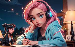 1girl, (masterpice), best quality, high quality, noon, night, high detailed, perfect body,perfect_face, high_detailed_face, realism face, good body, big_ass, small_breasts, aqua_glowing_eyes, glowing eyes and hair,  siting down next to her desk studing, wearing a blue headphone, lofi-girl, (Wearing headphone), lofi chill out,  inside her bedroom, Night pink gradient lighting, dog, books, lamp, pen, teddy bear on her desk, serious, lofi girl room decorations, hard light, night, facing the viewer, hair ornament, blue_glowing_hair, makeup ,long_hair, lipstick ,blush ,short_braided_hair, female, light-skinned_female ,light_skin ,skin_contrast, blue shirt, silver covered jacket
