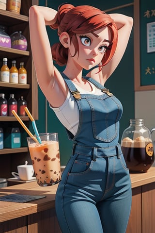 1girl, [pink eyes|yellow eyes], [white hair:red hair:0.3],  \(light, tight\)_denim overalls, [small breasts], bubble tea challenge, drinking straw, arms up,elbow squeeze, breasts squeezed together, indoors, cofee shop, teenager, digital_art, hyper_realistic, photorealistic