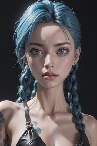 Digital portrait art of a Jinx, from the film Arcane, blue hair, League Of Legends, Arcane:League of Legends TV Series 2021 , angry, high angle view,JinxLol