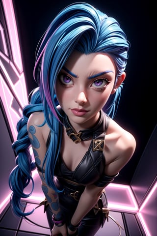 High top view angle camera shot Digita art of a Jinx, from the film Arcane, blue hair, League Of Legends, inside her room, pink gradient lighting, looking up, at the viewer,  Arcane:League of Legends TV Series 2021 , angry, high angle view,JinxLol,3d
