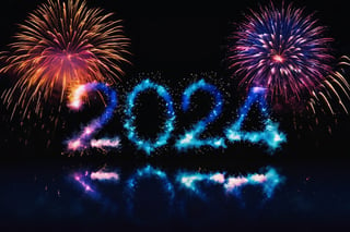 Fireworks in the sky, forming the text "2024", colorul darkness