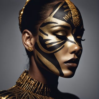 Rorschach editorial photography, Side view of a woman face, darl skin, neo-tribal art, bokeh, gold lips