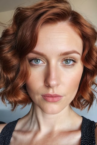 Candid close up photo of a beautiful scandinavian woman, 30 years old, short wavy reddish hair, symmetrical eyes, selfie, highly detailed, real, shot on an iphone