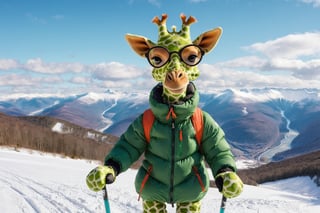 Anthropomorphic small green giraffe, wearing a thick down jacket, skiing in the cold winter, lovely appearance, in nordic mountains
