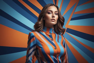 colorful woman with colorful outfit in an optical art, in the style of fashion photography, captured by Light L16, fantastic realism, volumetric lighting, fluid color combinations, matte photo, stripes and shapes, orange and blue 