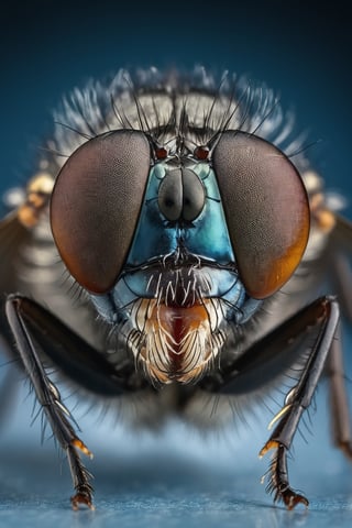 Marco photography of a housefly head, everything sharp in focus, highly detailed