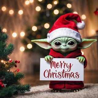 A baby Yoda with Christmas hat, holding up a sign with "Merry Christmas", bokeh, background is cozy room with Christmas tree, warm lightning, dimmed light