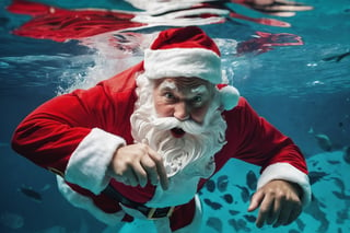Raw photo, medium shot of a Santa Claus, diving under water
