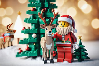 Lego santa clause celebrating christmas, reindeer, tree, angle,  background bokeh, christmas time