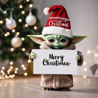 A baby Yoda with Christmas hat,  holding up a sign with "Merry Christmas",  bokeh,  background  cozy room wi5 Christmas tree