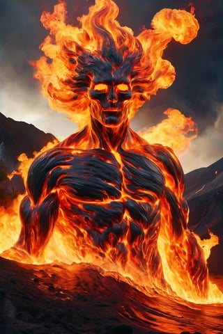 Raw photo, a man embodying a pyroclastic pulse, the form merging with a magma maelstrom and flame geysers. The figure is a fusion of human elegance and volcanic power, with eyes glowing like lava and hair flowing in fiery streams. The background features erupting volcanoes, highlighting her as the nexus of volcanic fury and beauty. Aim for a style that combines realism with fantasy, focusing on the interplay of fire, smoke, and molten textures to showcase her dynamic presence,faize,DonMF1r3XL