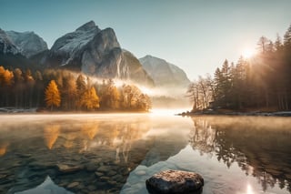 (masterpiece, best quality, highres, realistic), photo by Melissa Stemmer, Fantastic winter sunrise of Hintersee lake. Beautiful scene of trees on a rock island. Location: resort Ramsau, National park Berchtesgadener Land, Upper Bavaria, Germany Alps, Europe, breathtaking photograph, cinematic look, minimalistic, blurred background, warm atmosphere, daylight, professional color grading, simple look, unedited photography, natural, unassuming, simple style, award-winning, stunning, water drops, delicious, glistering light, golden hour, kodachrome, vintage look, vibrant colors, morning mist
