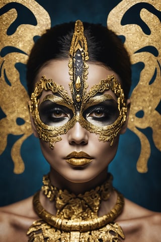 Rorschach editorial photography of a woman face, neo-tribal art, bokeh, gold lips