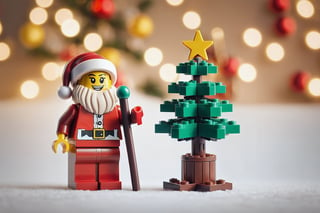 Lego santa clause and a lego christmas tree, warm lighting, background bokeh, christmas time