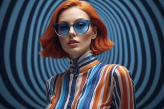 colorful woman with colorful outfit in an optical art, in the style of fashion photography, captured by Light L16, fantastic realism, volumetric lighting, fluid color combinations, matte photo, stripes and shapes, orange and blue 