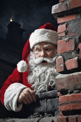 Raw photo, Santa Claus,  looking out of a chimney, dusty, dirty