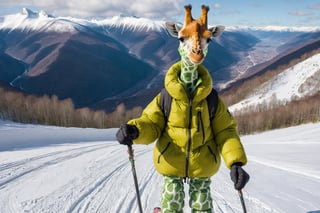 Anthropomorphic small green giraffe, wearing a thick down jacket, skiing in the cold winter, lovely appearance, in nordic mountains
