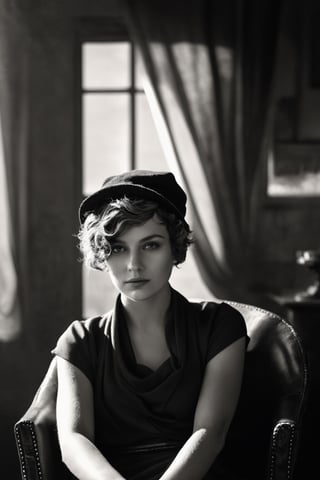 black and white photo from a woman with a wavy pixie cut, her face is in shadow, lounging in an aged leather armchair, legs draped over its side. She dons a dark shoulder-covering elegant dress and a vintage men's hat, from beneath which her hair emerges. The scene is steeped in a vintage mood, with dim light streaming through a grimy window and smoke lingering in the air