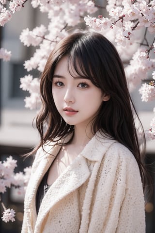 An 18-year-old Chinese beauty,winter,sexy,long black hair,Color flows across her face,chest,a ray of light,Warm winter clothes,student,Plum blossom background