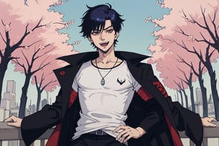   (solo), jungkook, anime, anime style, male, man, 1_boy, slim, slim body, young guy, thin body, small body, thin, sexy_pose, casual_clothes, tree, city, vampire, fangs, shiny eyes,jacket, character sketch, japanese_clothes