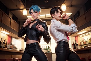 2boys, bts, hair between the eyes, Anime, twink, sexy pose, theater lighting, people watching around, reflectors illuminating,people surrounding,handsome boys background,bar_gay, dancers,many men in the background,with clothes