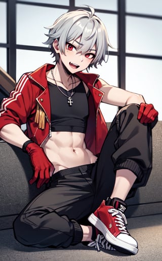 young boy, short hair, black, red eyes, crop top, baggy pants, sneakers, red jacket, male, sole_male, sexy face, silver necklace, black gloves, high