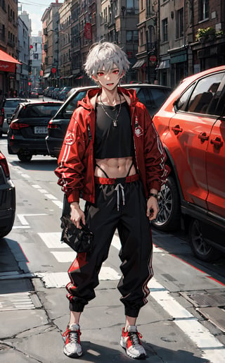 young boy, short hair, black, red eyes, crop top, baggy pants, sneakers, red jacket, male, sole_male, sexy face, silver necklace, high