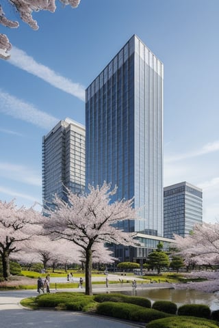 noon SKY, surrounding cherry trees, japanese gardens, business complex. near the airport, ((architecture by bratke collet)), 