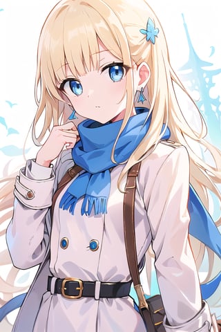 1girl, solo, long hair, looking at viewer, bangs, blue eyes, blond hair, shirt, long sleeves, jewelry, closed mouth, jacket, weapon, earrings, belt, sword, coat, blue scarf, white jacket, grip hand,