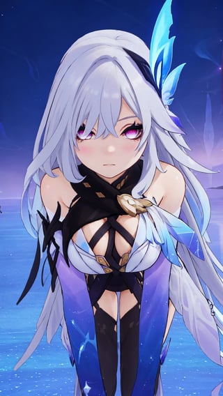 masterpiece, best quality, high resolution, super detailed, detailed background, 1girl, skicker, night, meteor trails, purple eyes, long hair, perfect human hands, looking at viewer, solo, clothes, seaside, Hair between eyes, upper body, white hair, teeth, blue background, very lustful expression, bangs, hair accessory, blush, leaning forward, bare shoulders, big breasts, dress