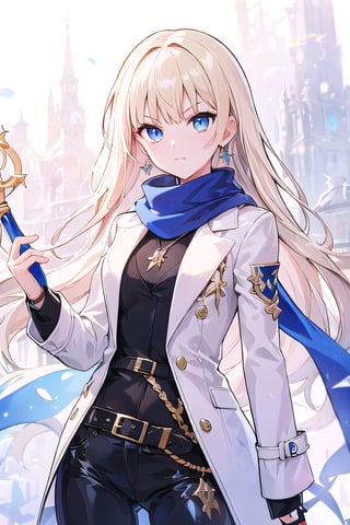 1girl, solo, long hair, looking at viewer, bangs, blue eyes, blond hair, shirt, long sleeves, jewelry, closed mouth, jacket, weapon, earrings, belt, sword, coat, blue scarf, white jacket, grip hand,Aricia Branch