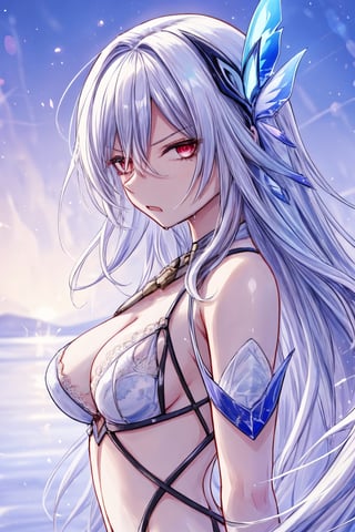 masterpiece, best quality, high resolution, super detailed, detailed background, 1girl, skier, night, meteor trails, long hair, perfect hands, looking at viewer, solo, seaside, hair between eyes, upper body ,white hair, teeth, blue background, very angry expression, bangs, hair accessory, bare shoulders, white lace lingerie, clothing, cowgirl pose, straddle, love symbol, drool, saliva, red eyes,